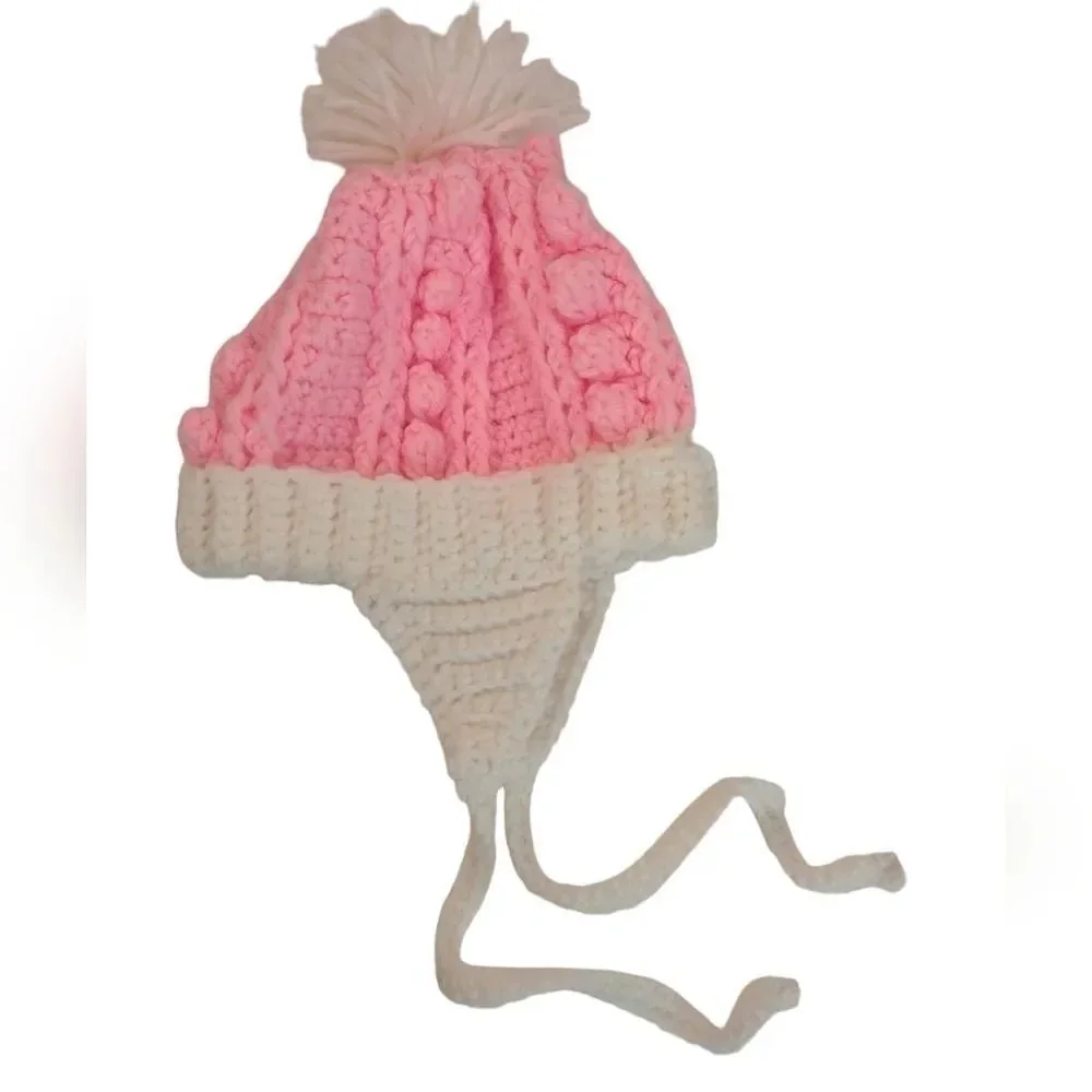 Handmade Pink and white Baby Winter Hat Pom Pom Crochet Ear flaps with ties